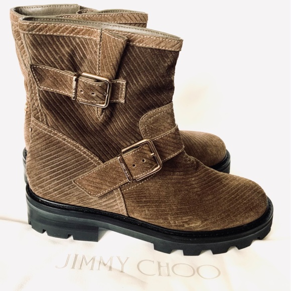 Jimmy Choo Leather Beige Clay Pull On Flat Ankle Suede Corduroy Buckle Boots - Picture 6 of 13